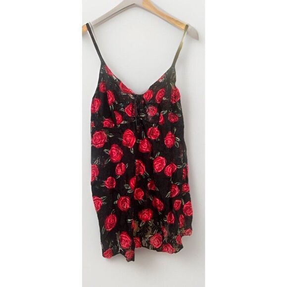 Cacique Black W/Red Roses Lace Mini Slip Dress Sheer 18 20 Whimsygoth Grunge   A - Picture 1 of 3